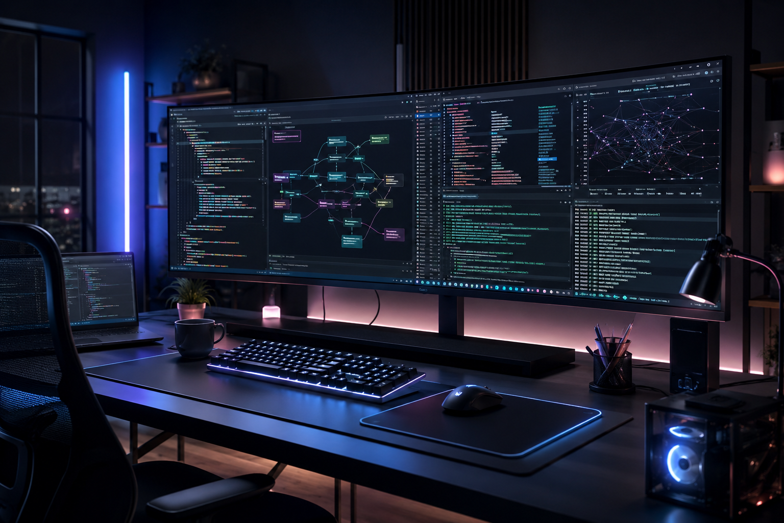 A modern developer setup running local execution logs and terminal interfaces side by side